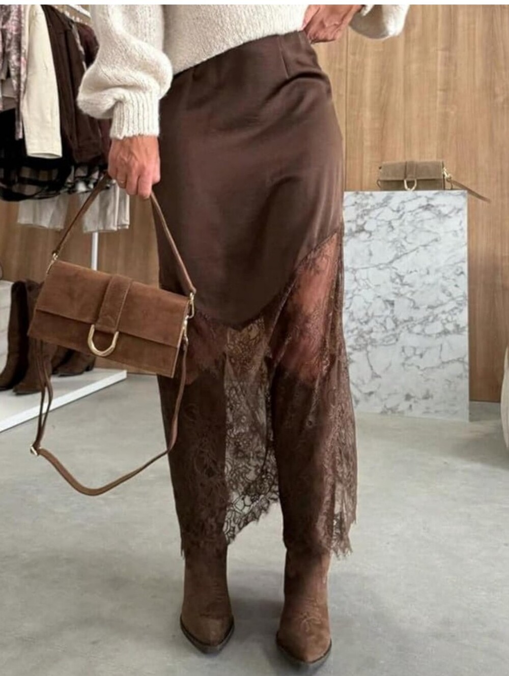 Elegant Brown Satin Lace-Trim Midi Skirt Size XL NIP - Picture 2 of 5
